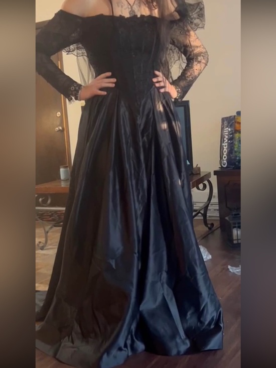 Dresses & Skirts - Black Lace Sleeve Satin Ball Gown